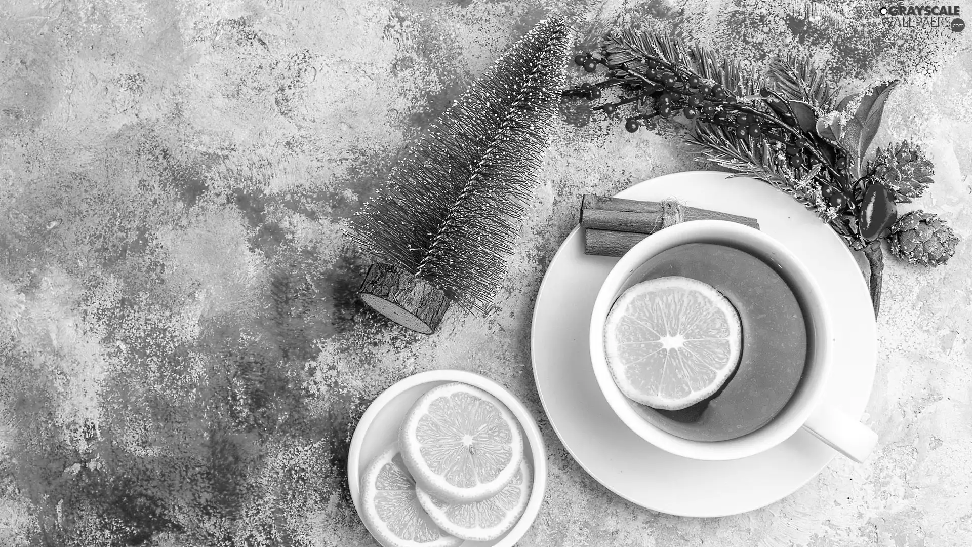 Lemon, slices, composition, cinnamon, twig, cup, tea, christmas tree