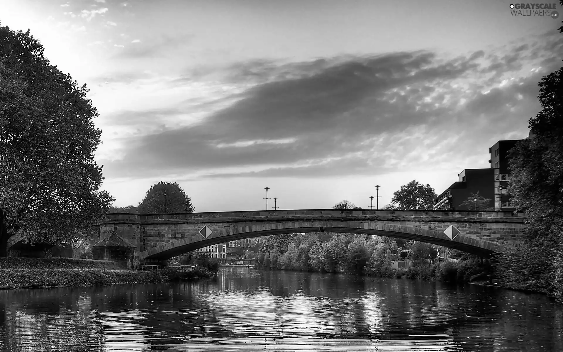 viewes, River, clouds, Houses, ligh, luminosity, flash, trees, bridge, sun, Przebijające