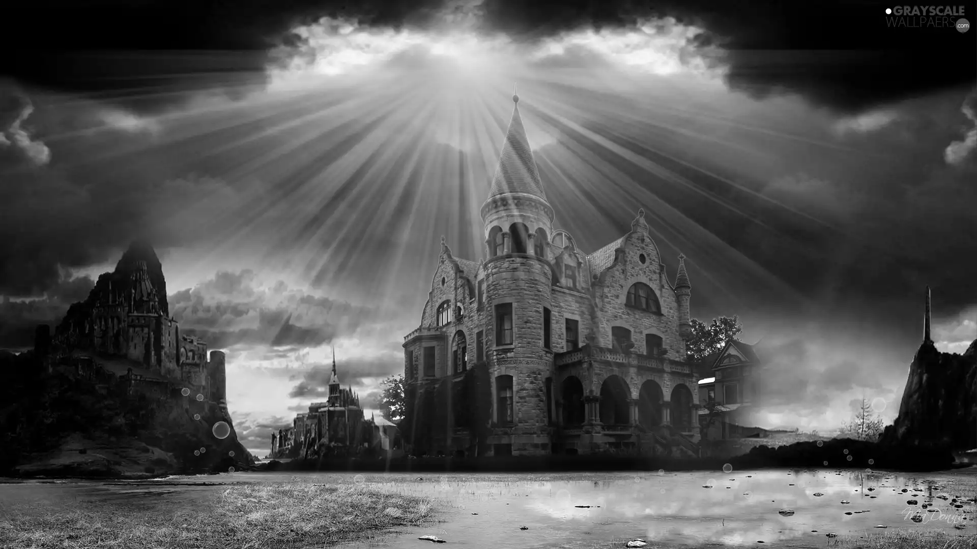 Przebijające, ligh, Art, sun, luminosity, clouds, Castle, flash