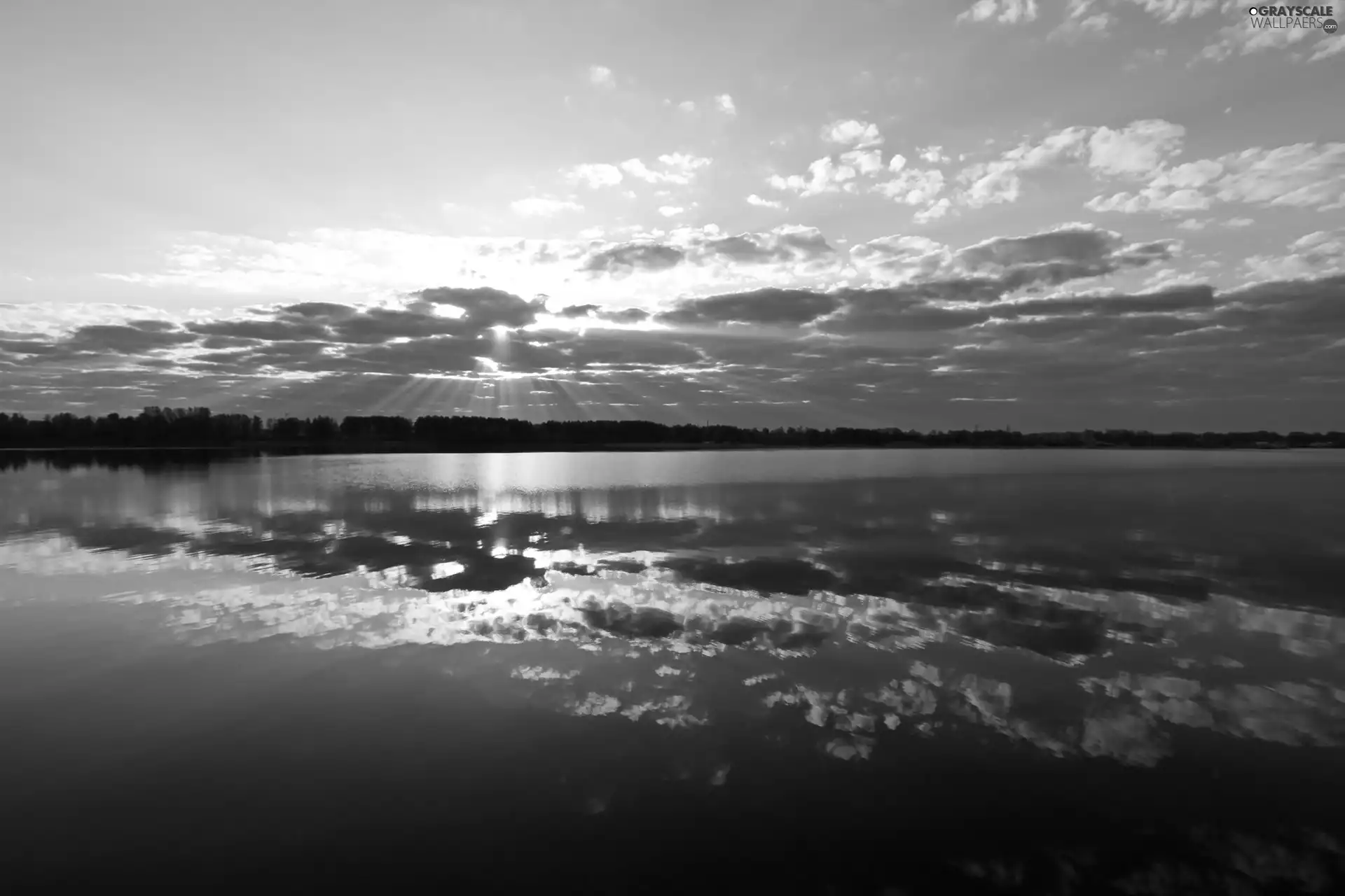 Przebijające, ligh, reflection, sun, luminosity, clouds, lake, flash