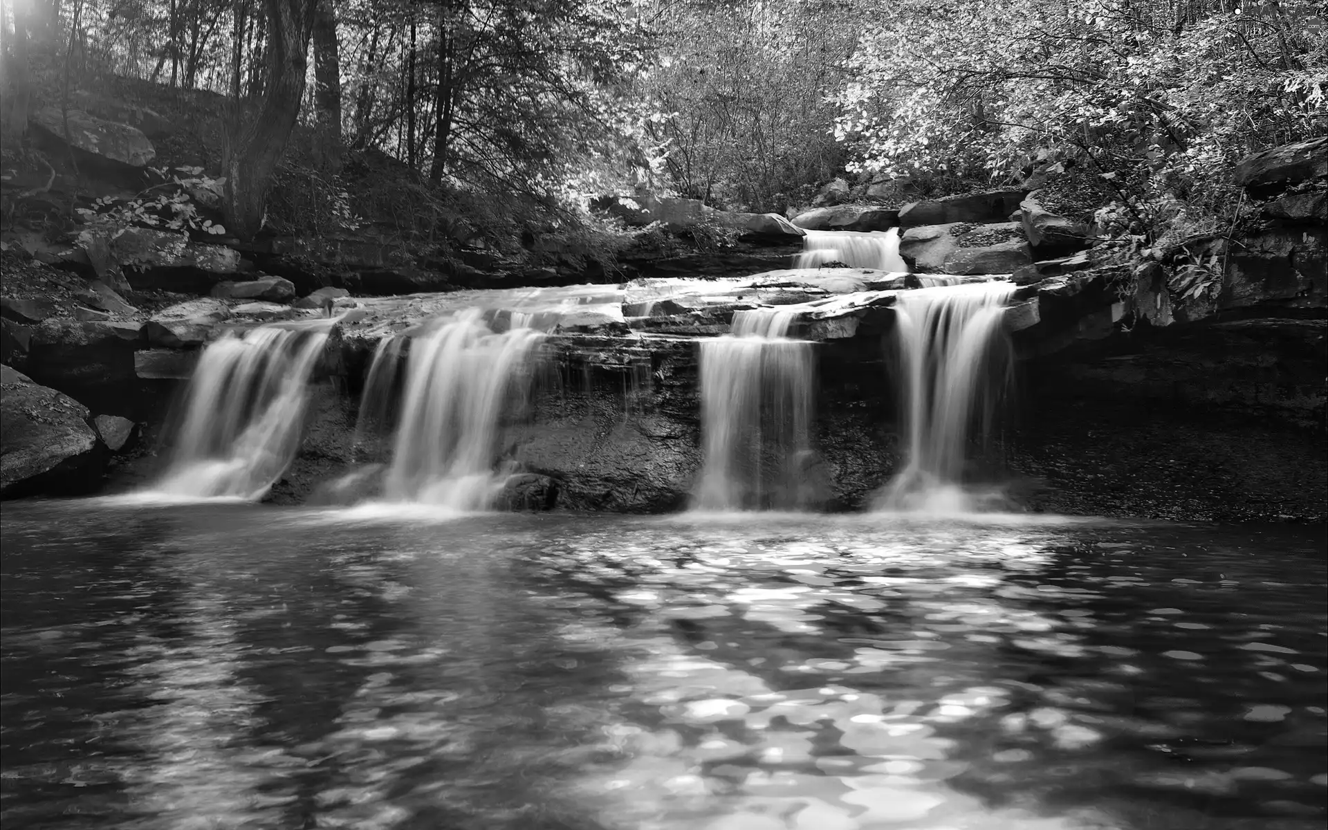 Przebijające, ligh, autumn, sun, luminosity, forest, waterfall, flash