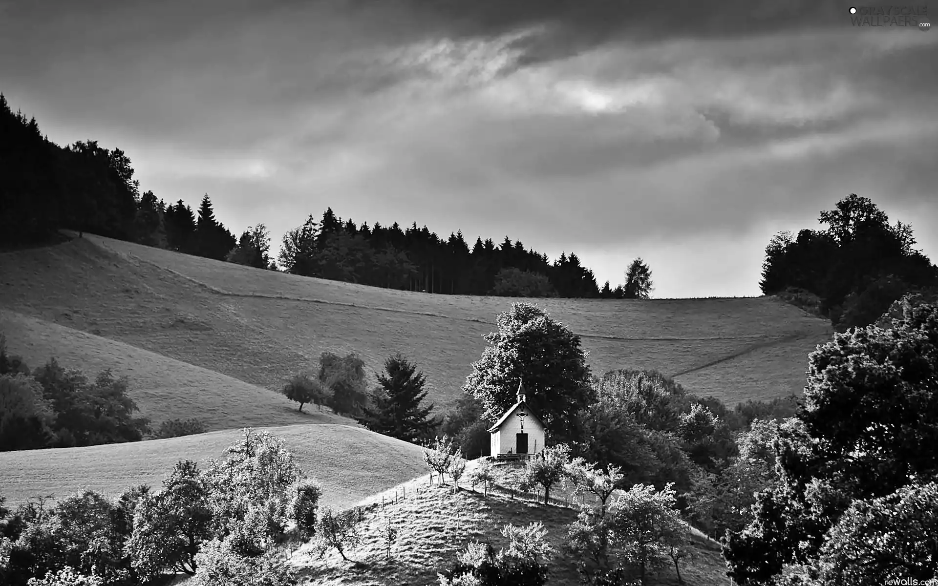church, Mountains, viewes, trees, ligh, luminosity, flash, field, forest, sun, Przebijające