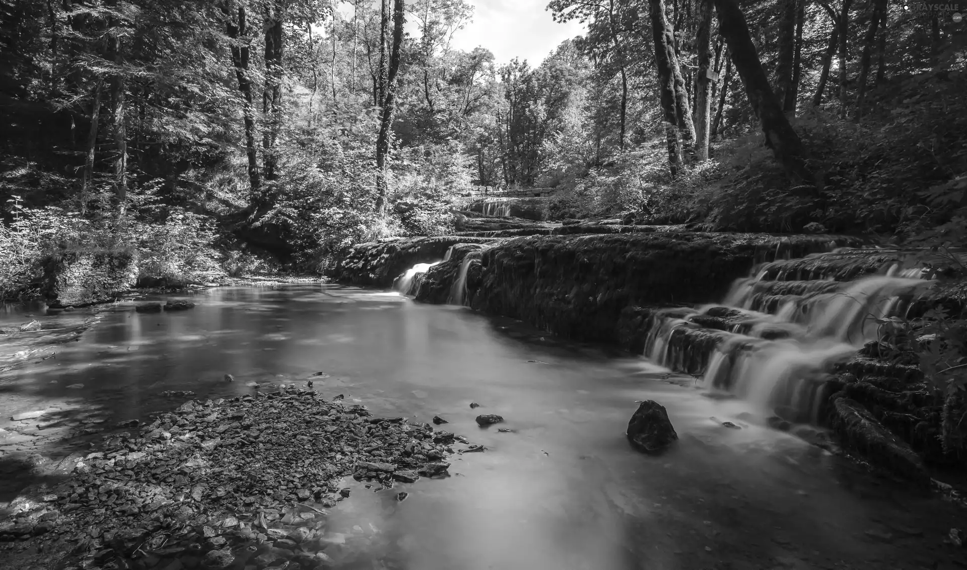 Stones, ligh, autumn, sun, luminosity, forest, waterfall, flash