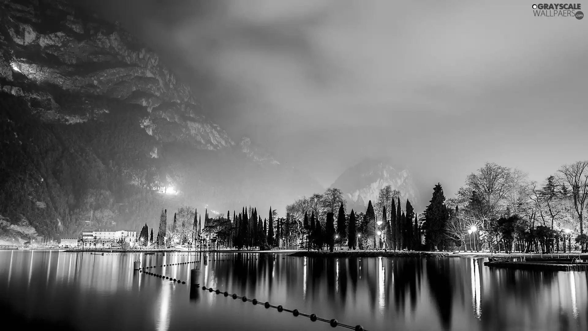 trees, lake, light, clouds, viewes, Mountains