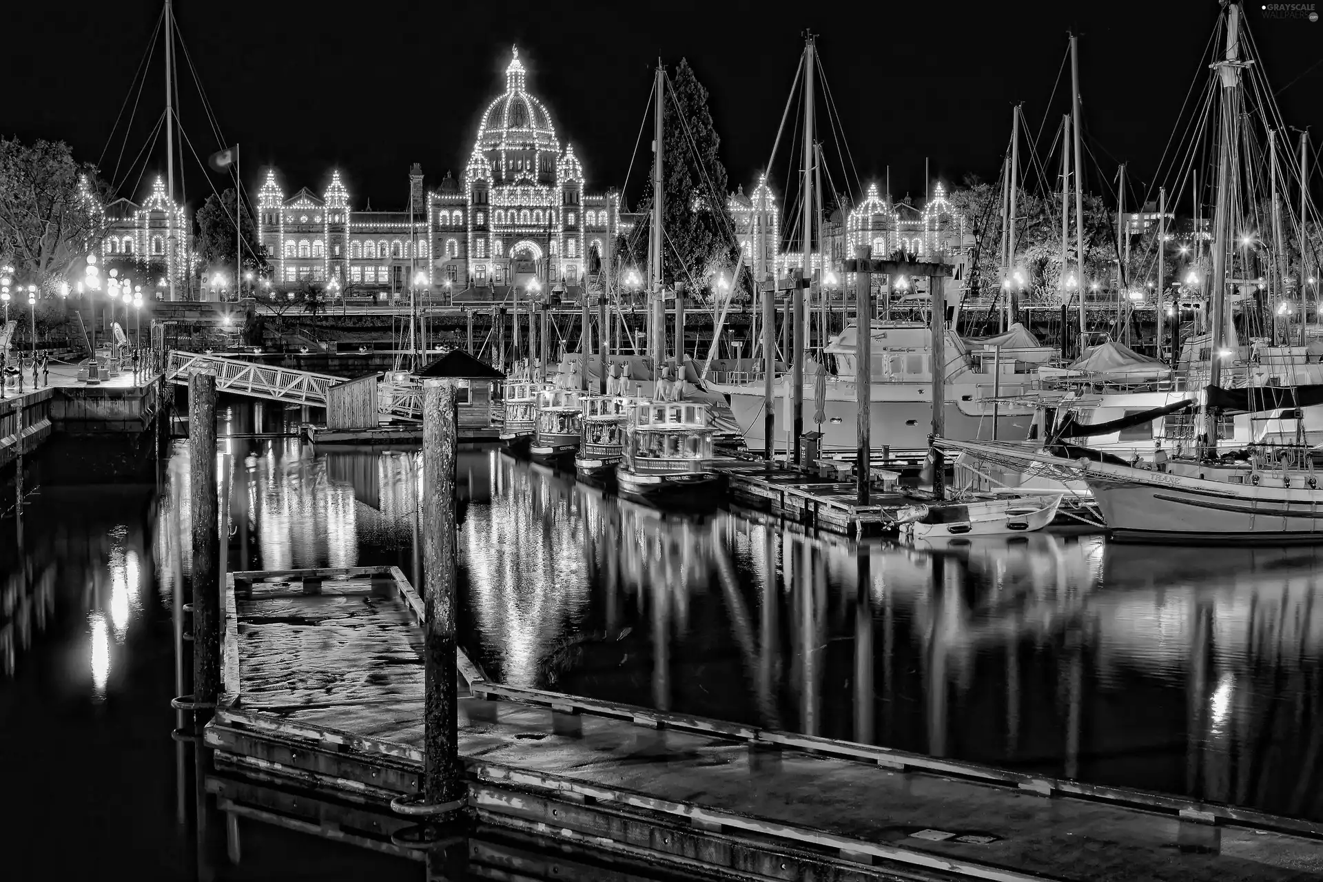 Night, light, Sailboats, Yachts, Harbour