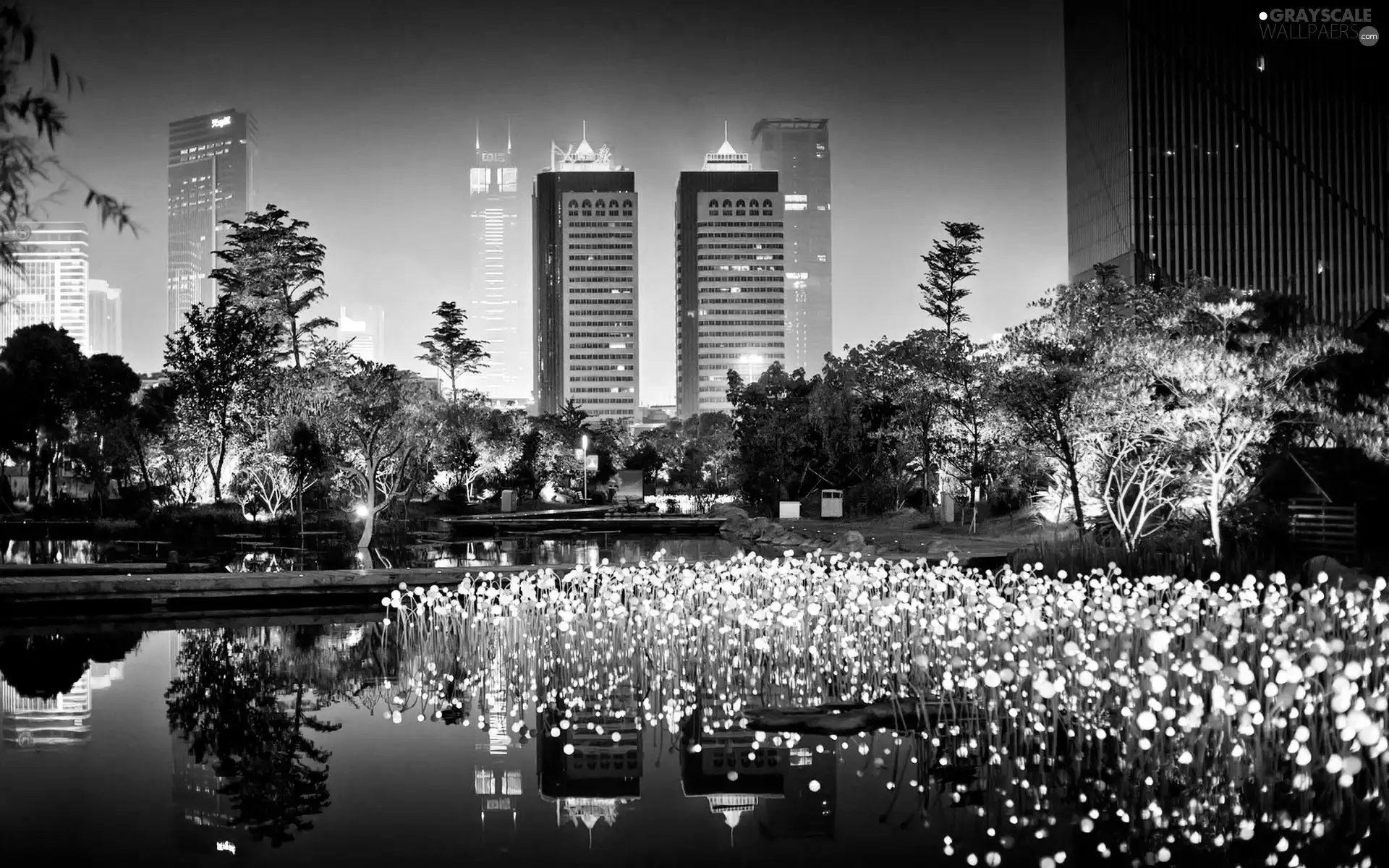 color, skyscrapers, lake, clouds, Town, light, reflection