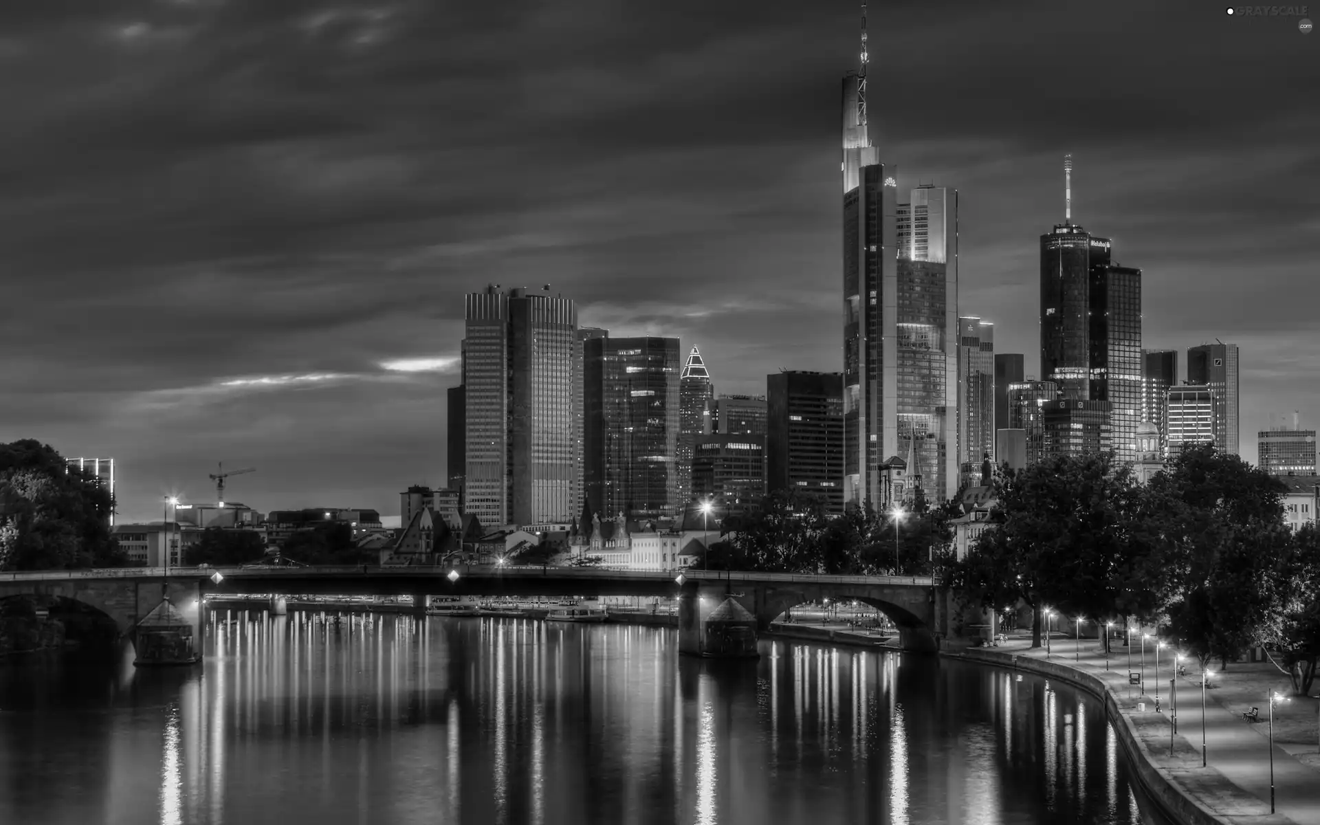 skyscrapers, Night, light, clouds