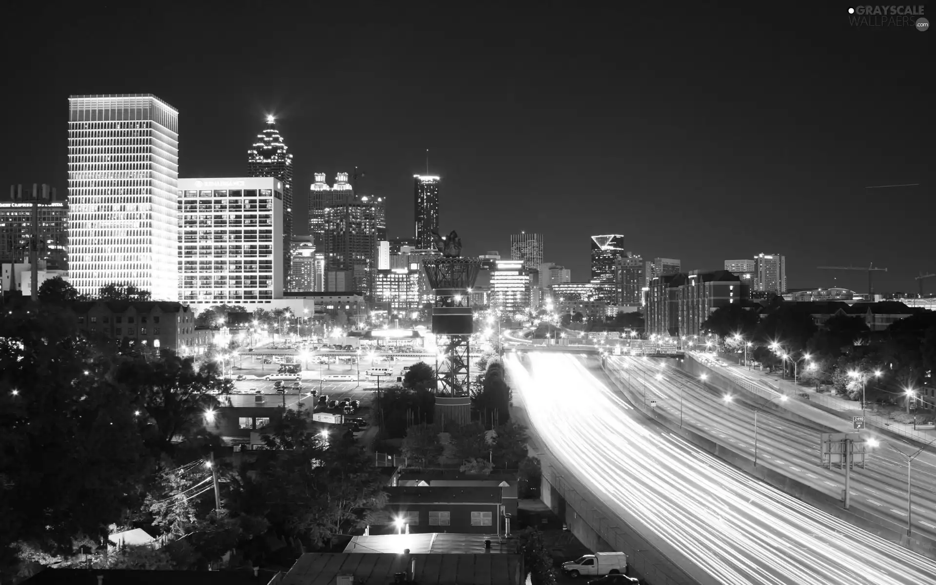 Town, Night, light, Highways