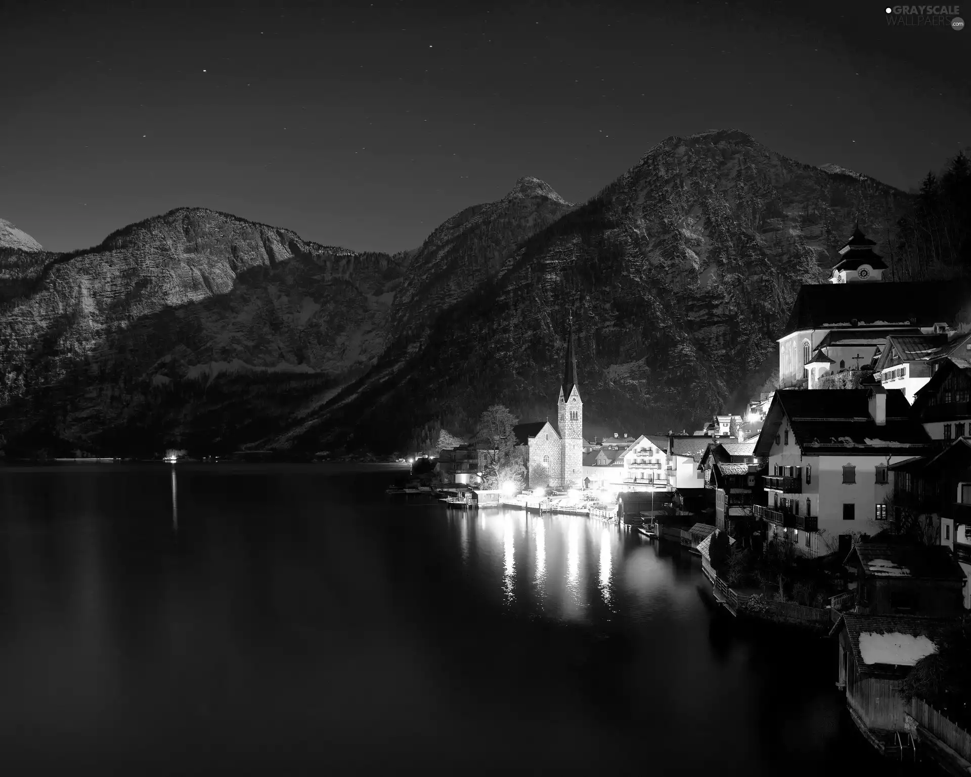 Night, Hallstatt, winter, Mountains, Austria, light, lake