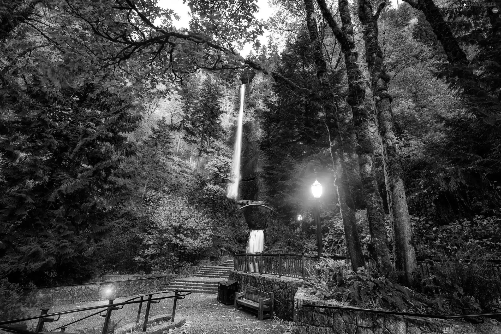 Lighthouse, Bench, lane, waterfall, Park