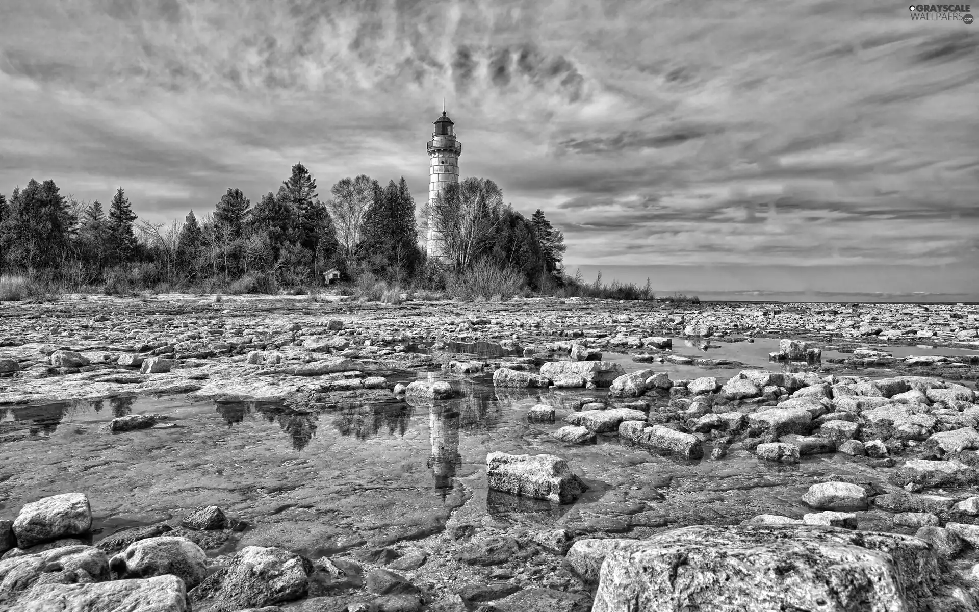 Lighthouse, maritime, Clouds, Sky, Stones