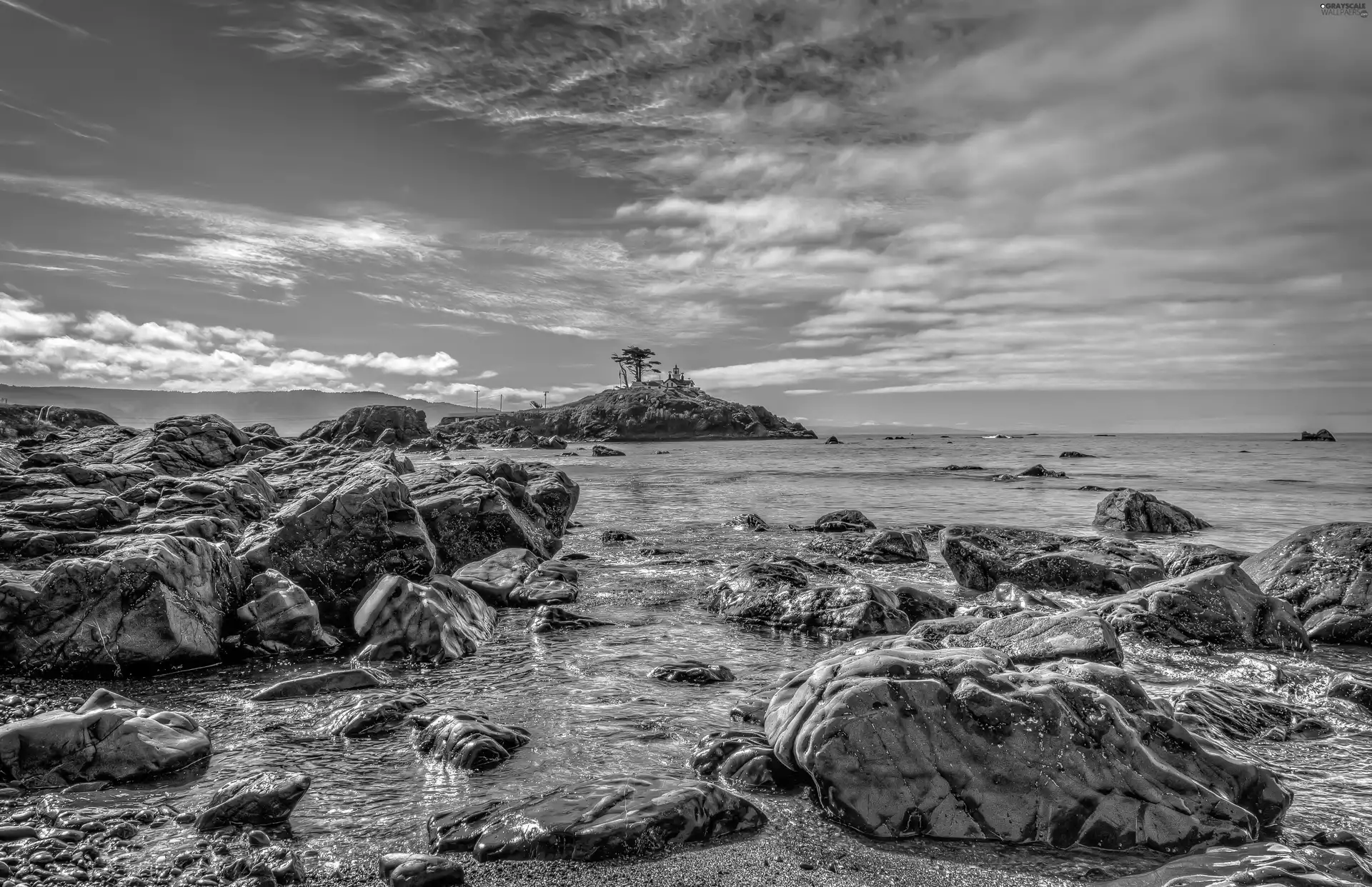 sea, rocks, Lighthouse, Coast