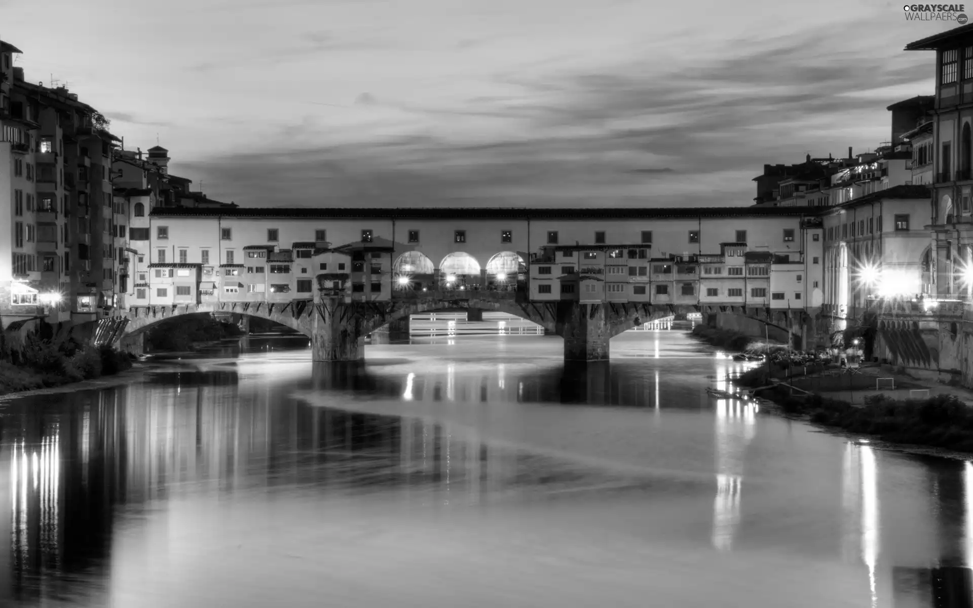 bridge, Houses, lighting, River