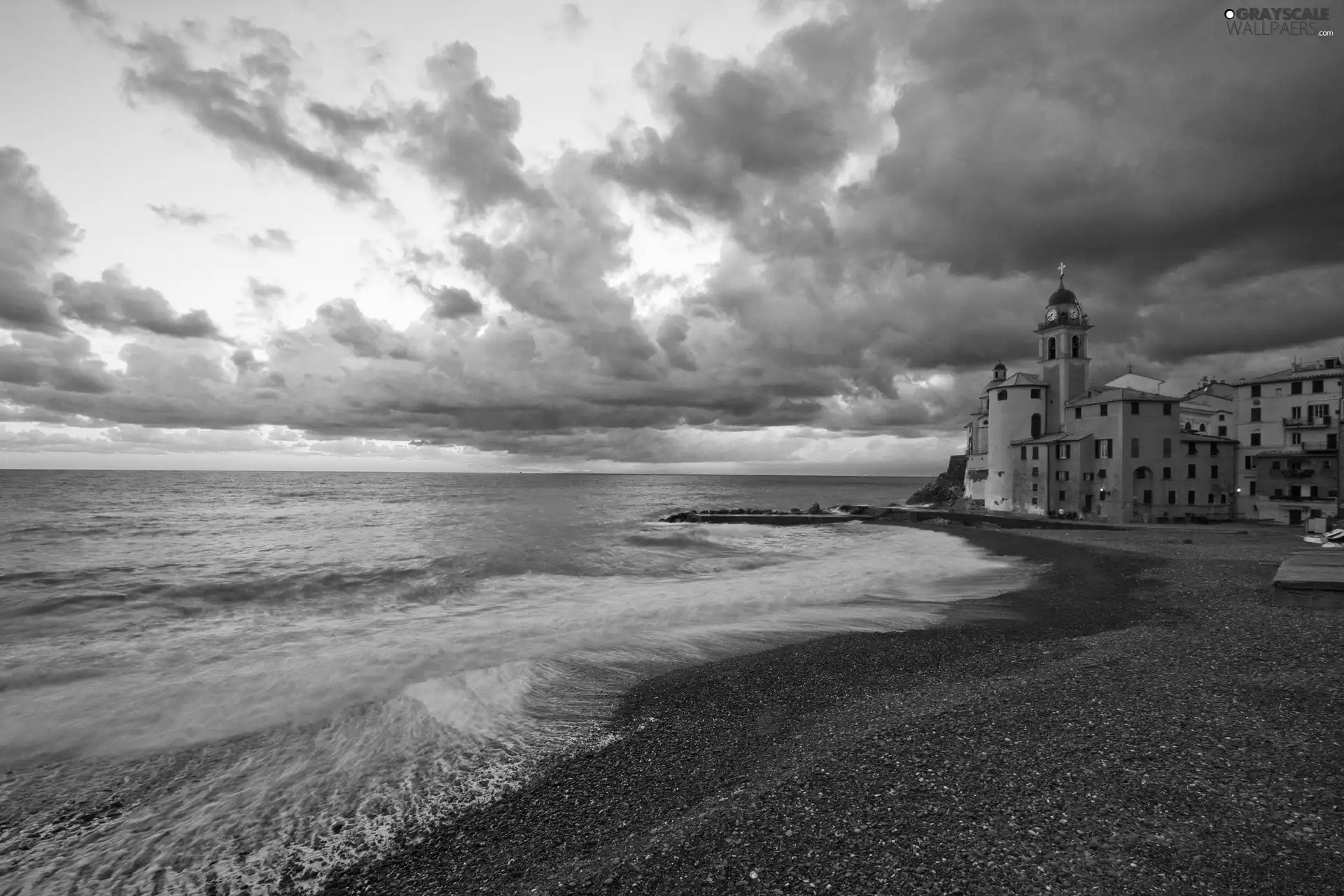 clouds, Church, Liguria, Italy, Camogli, sea