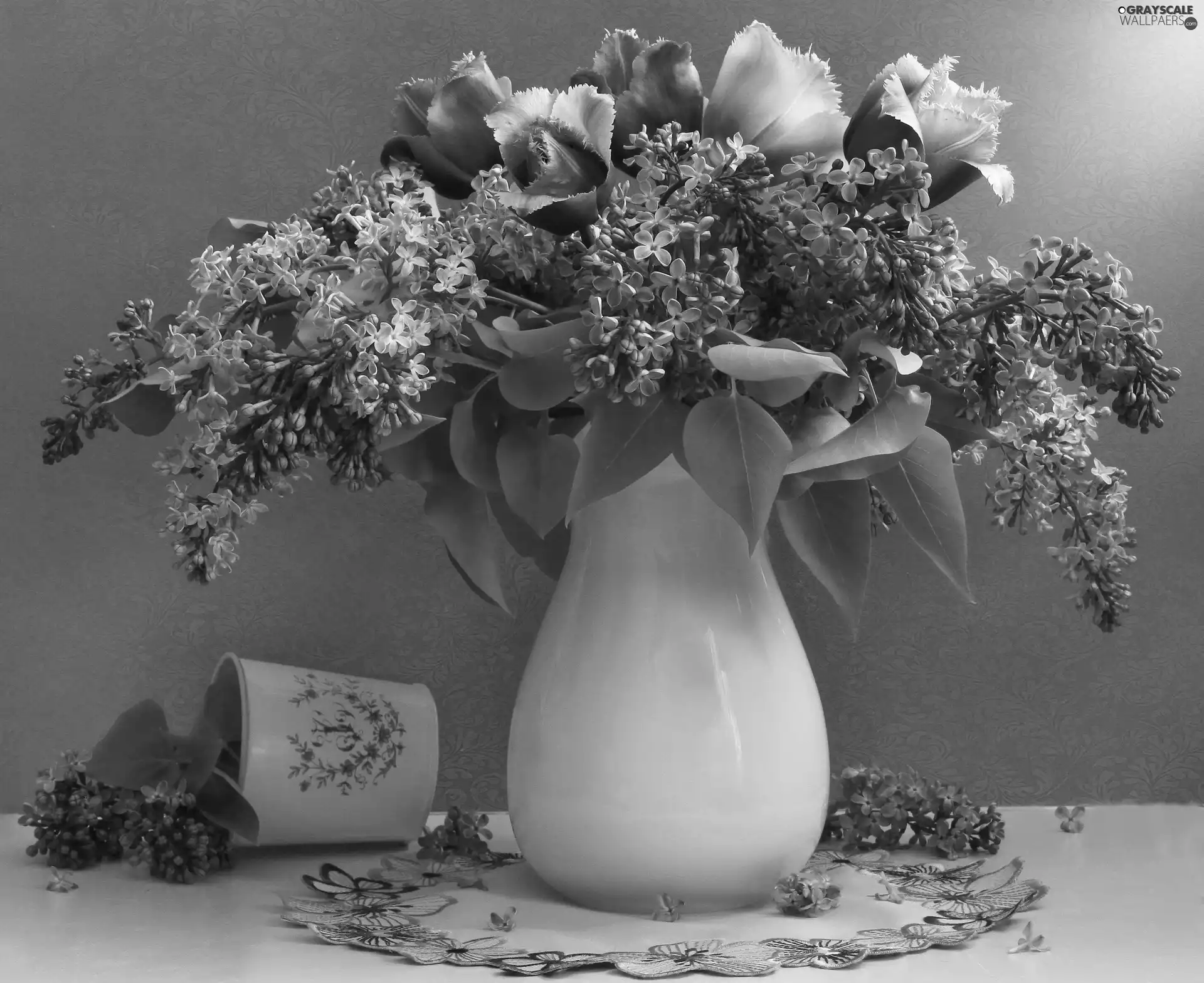 Lilacs, bouquet, tulips