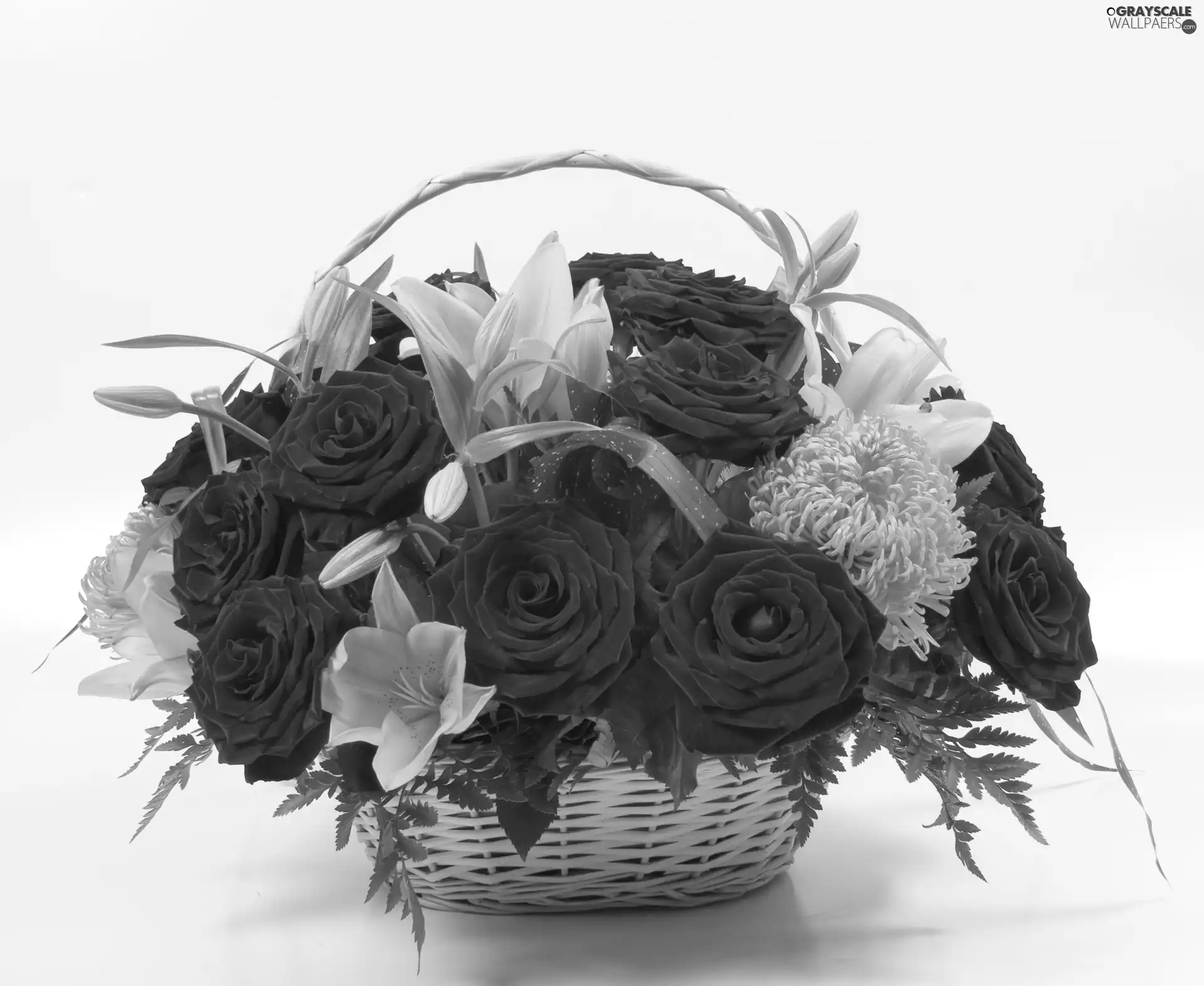 basket, roses, lilies, flowers