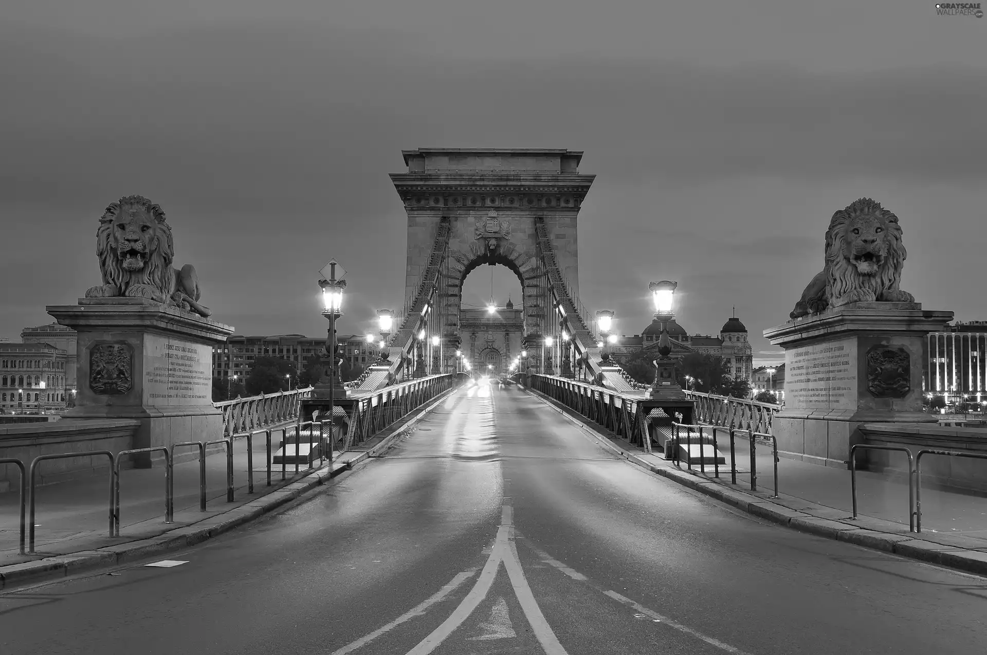 statues, lions, Budapest, Chain Bridge, Hungary