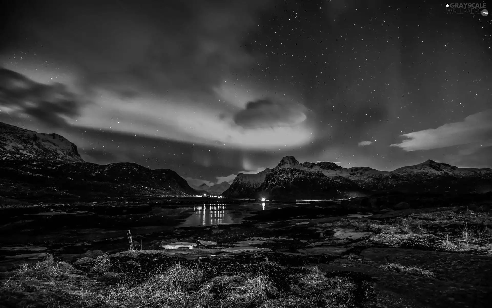 Lofoten, Norway, sea, aurora polaris, Mountains