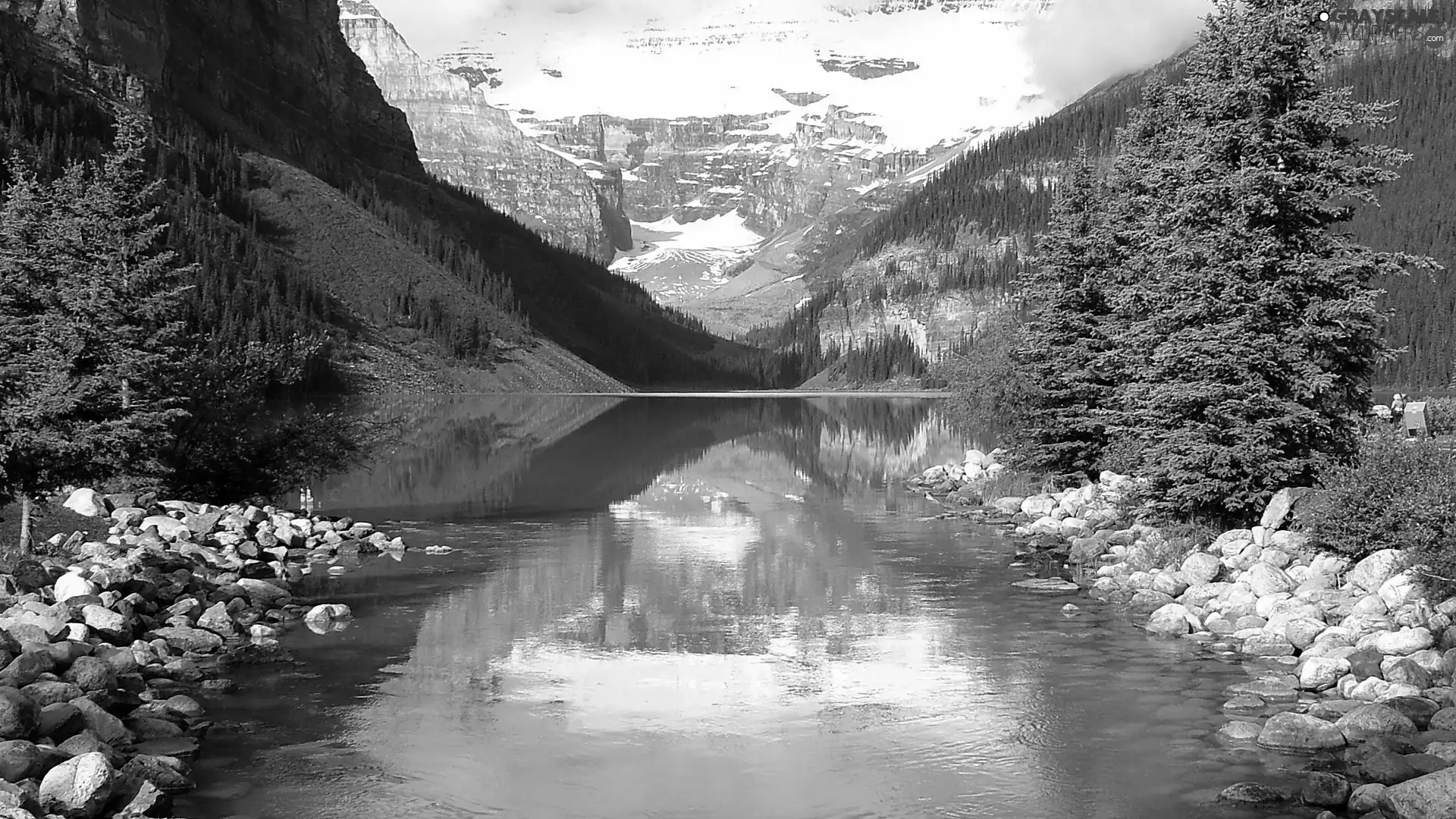 Mountains, lake, Louise, Canada, woods, Stones