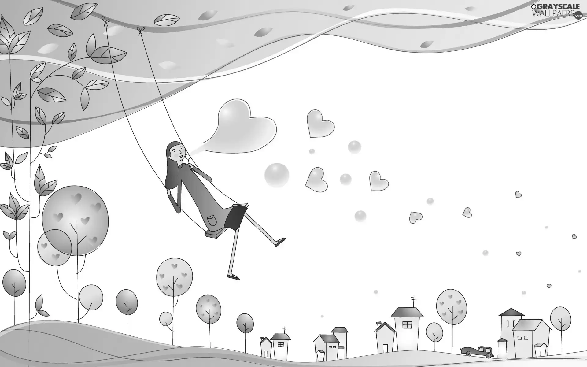 love, Drawing, Swing, hearts, girl