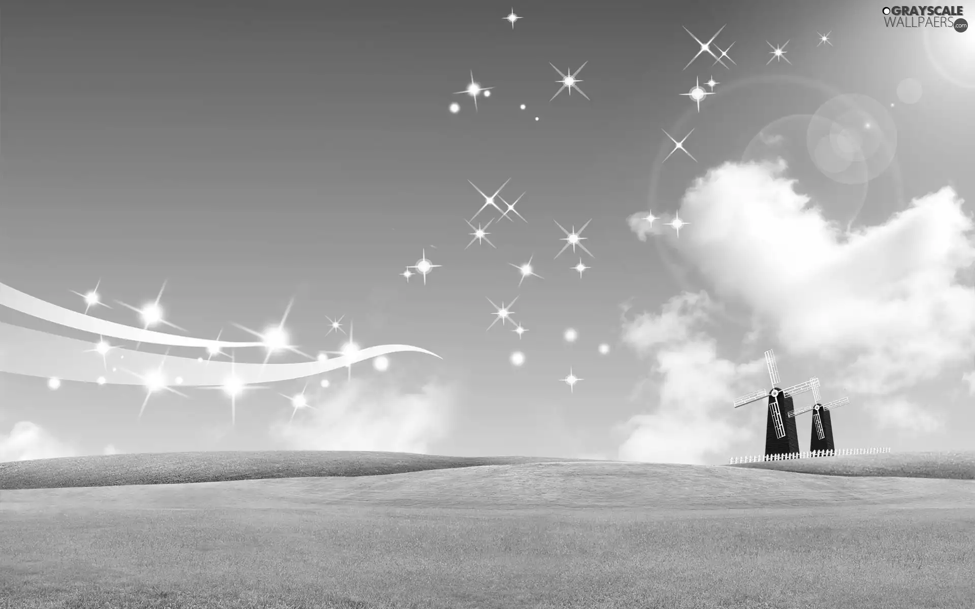 Two cars, Green, The luminous, Sky, Windmills, Meadow