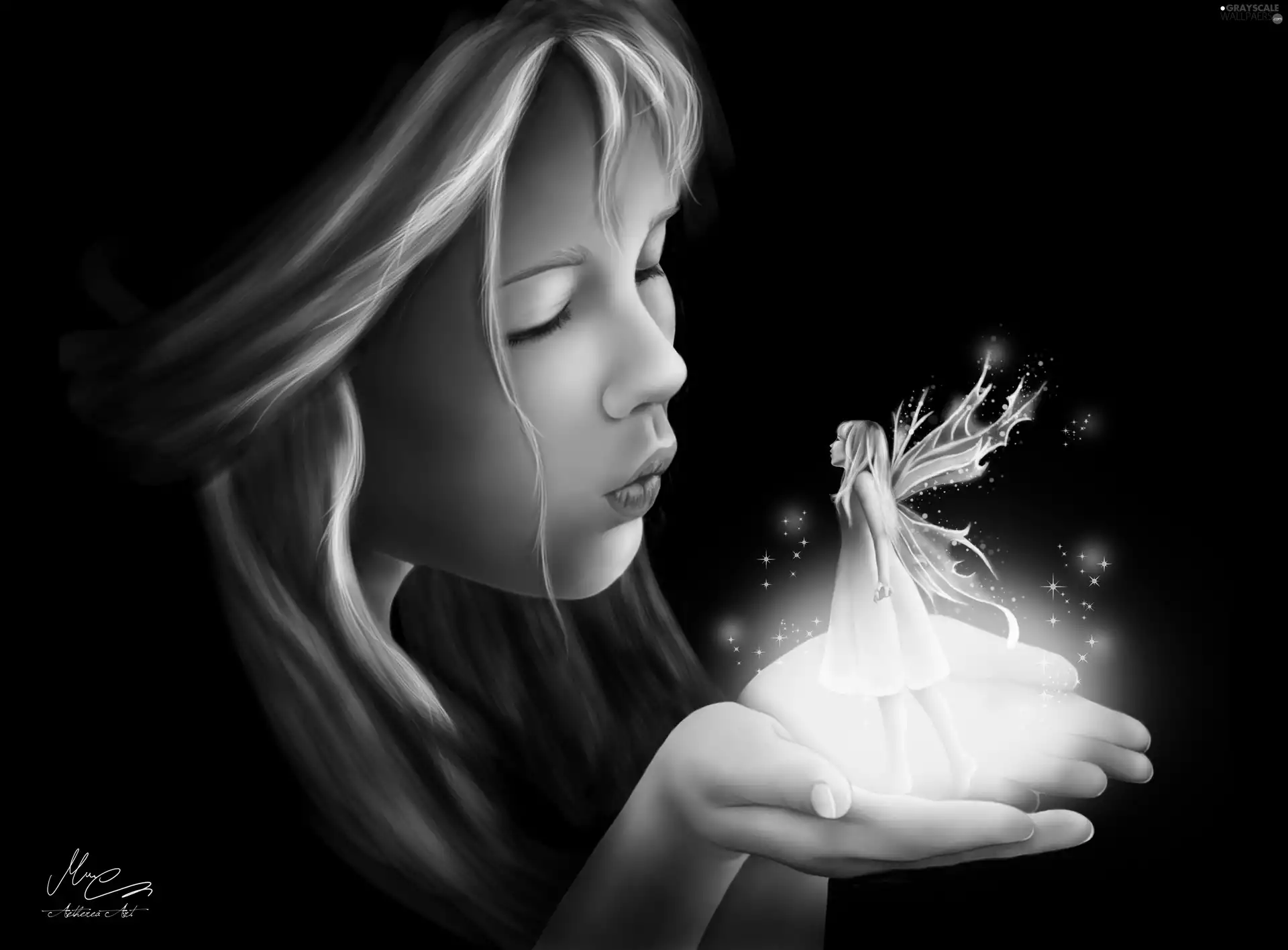 girl, skylight, magic, hands