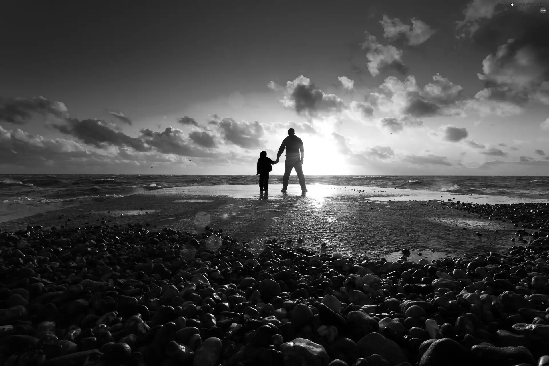 sea, west, a man, Kid, Stones, sun