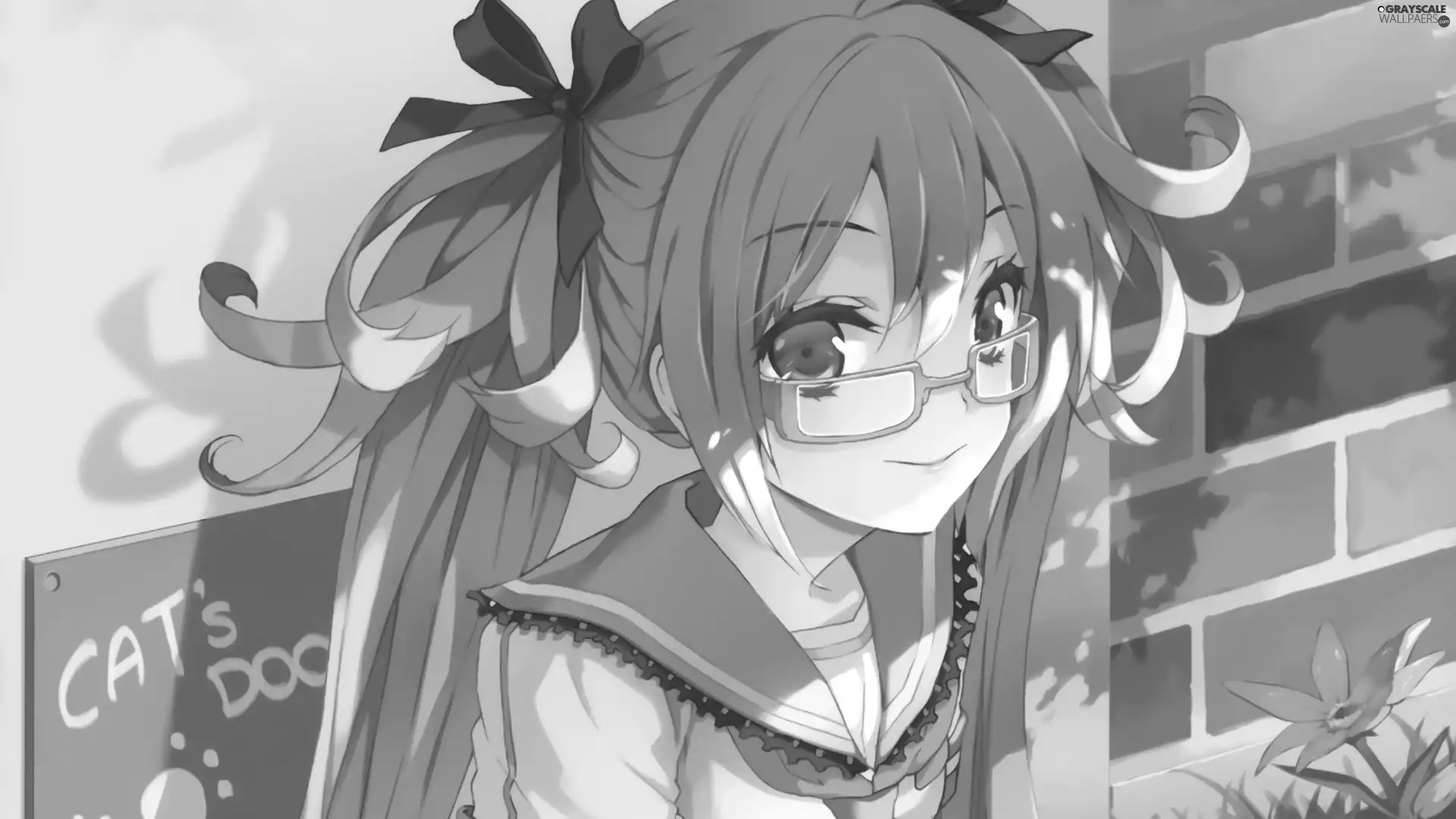 text, girl, Manga, Anime, Flower, Glasses