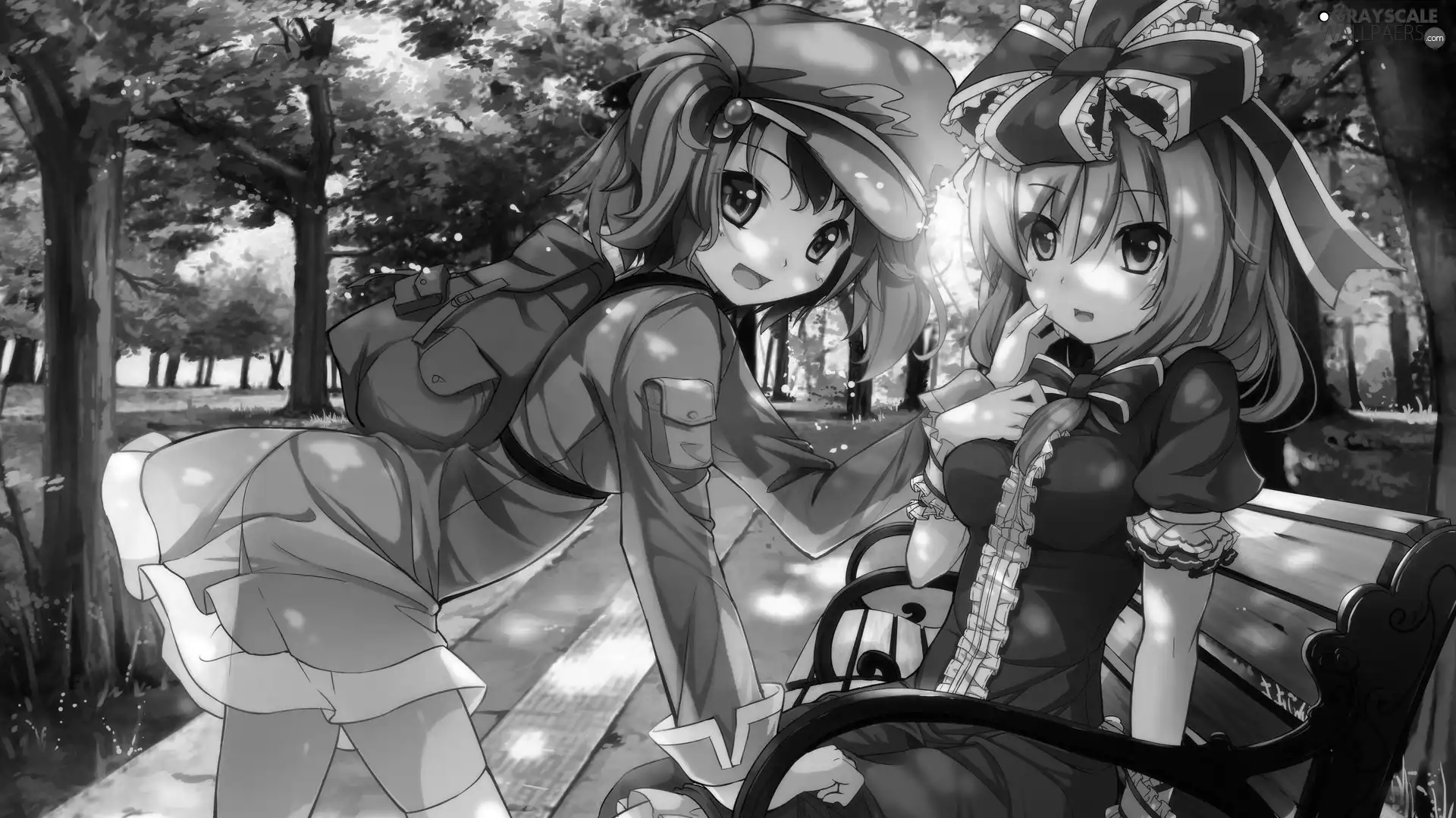 Bench, Girls, Manga, Anime, Park, knapsack