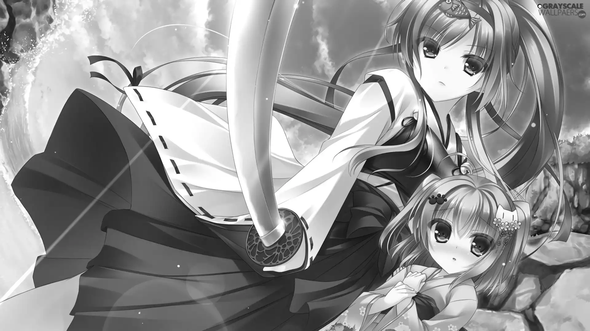 sword, girl, Sky, Manga Anime, rocks, girl