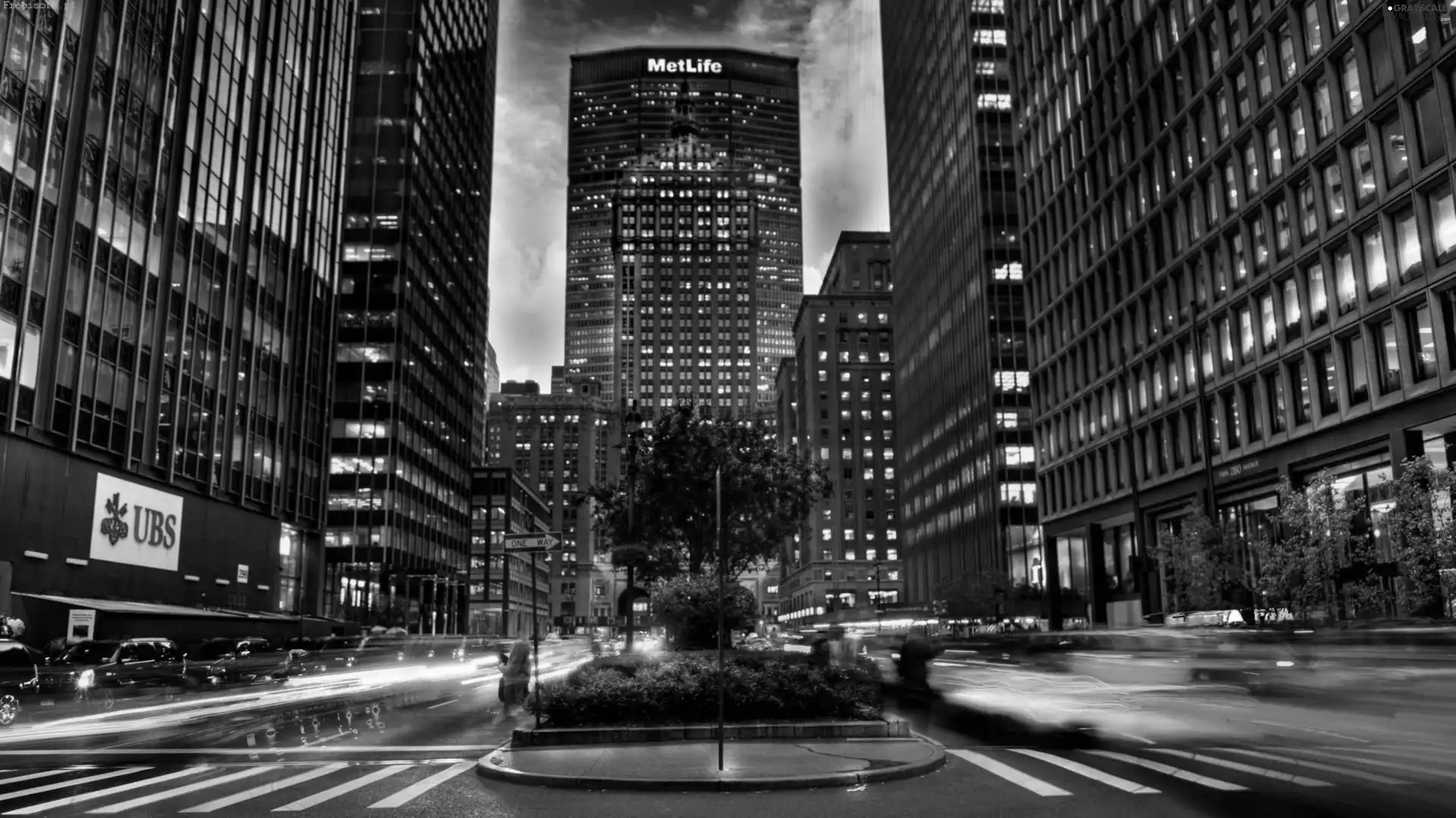 skyscrapers, alley, Manhattan, clouds