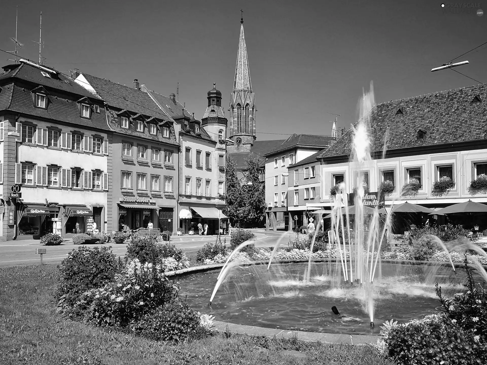 market, fountain, houses, Church, color