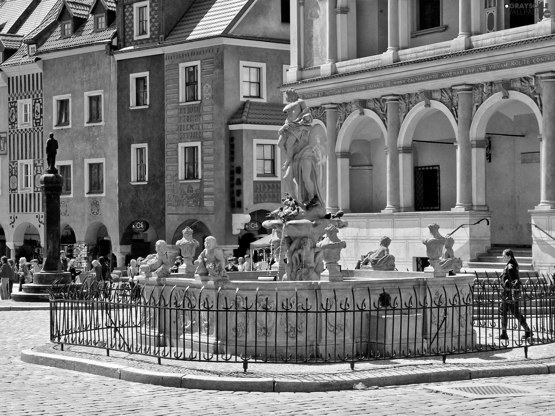 market, Poznań, houses, Old car, fountain