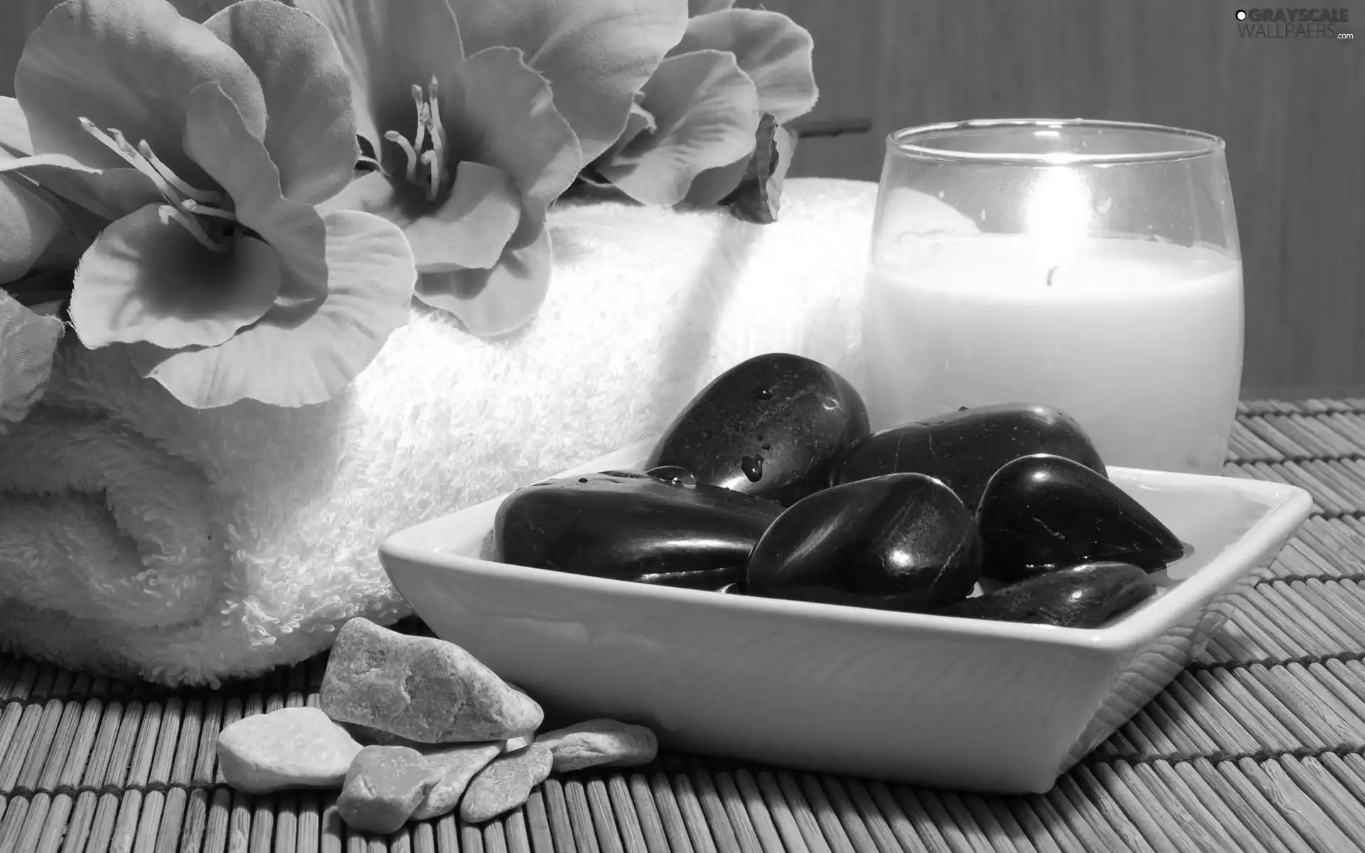 Towel, candle, Spa, mat, Colourfull Flowers, Stones, composition