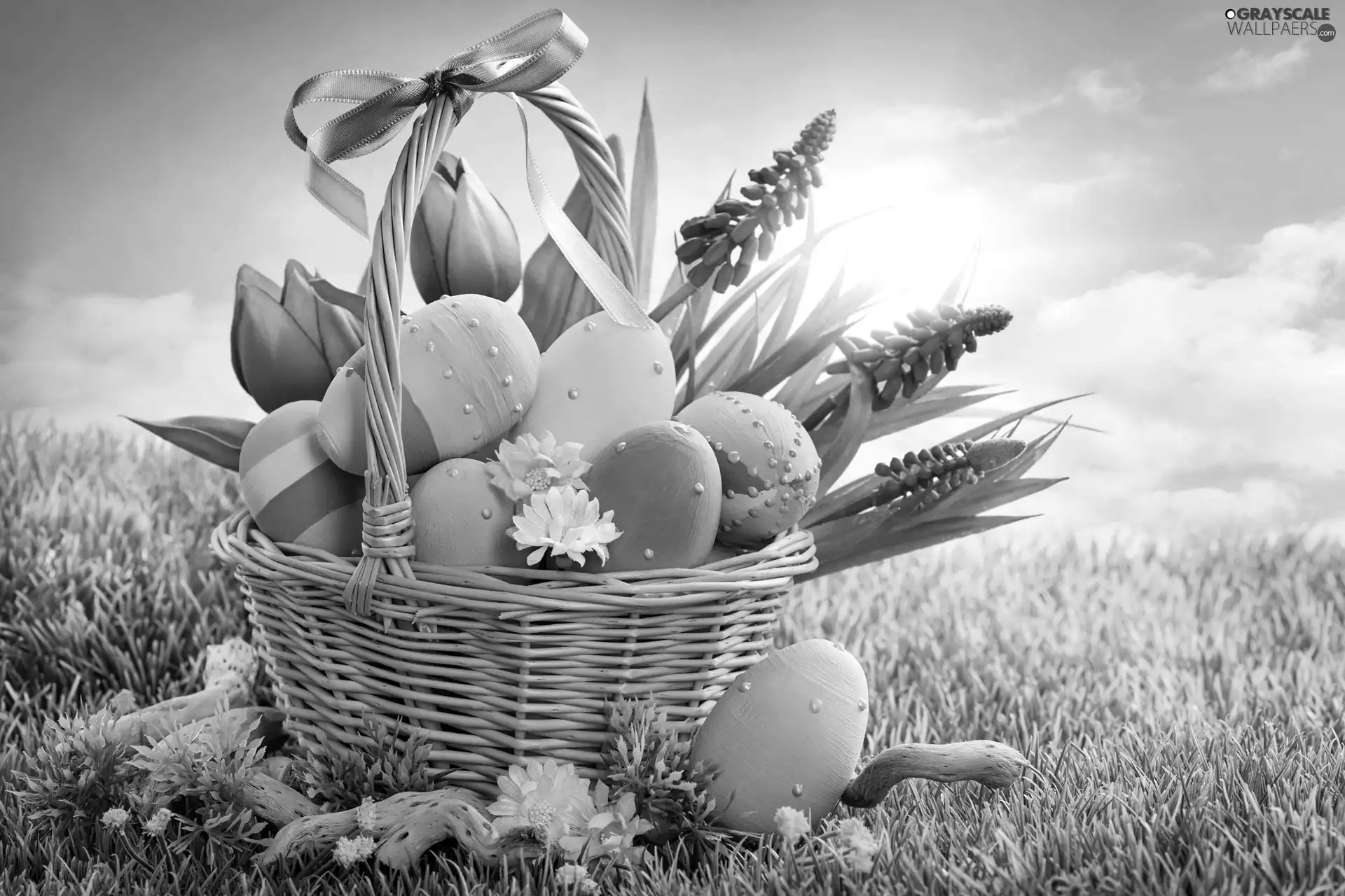 Flowers, color, Meadow, Easter, basket, eggs