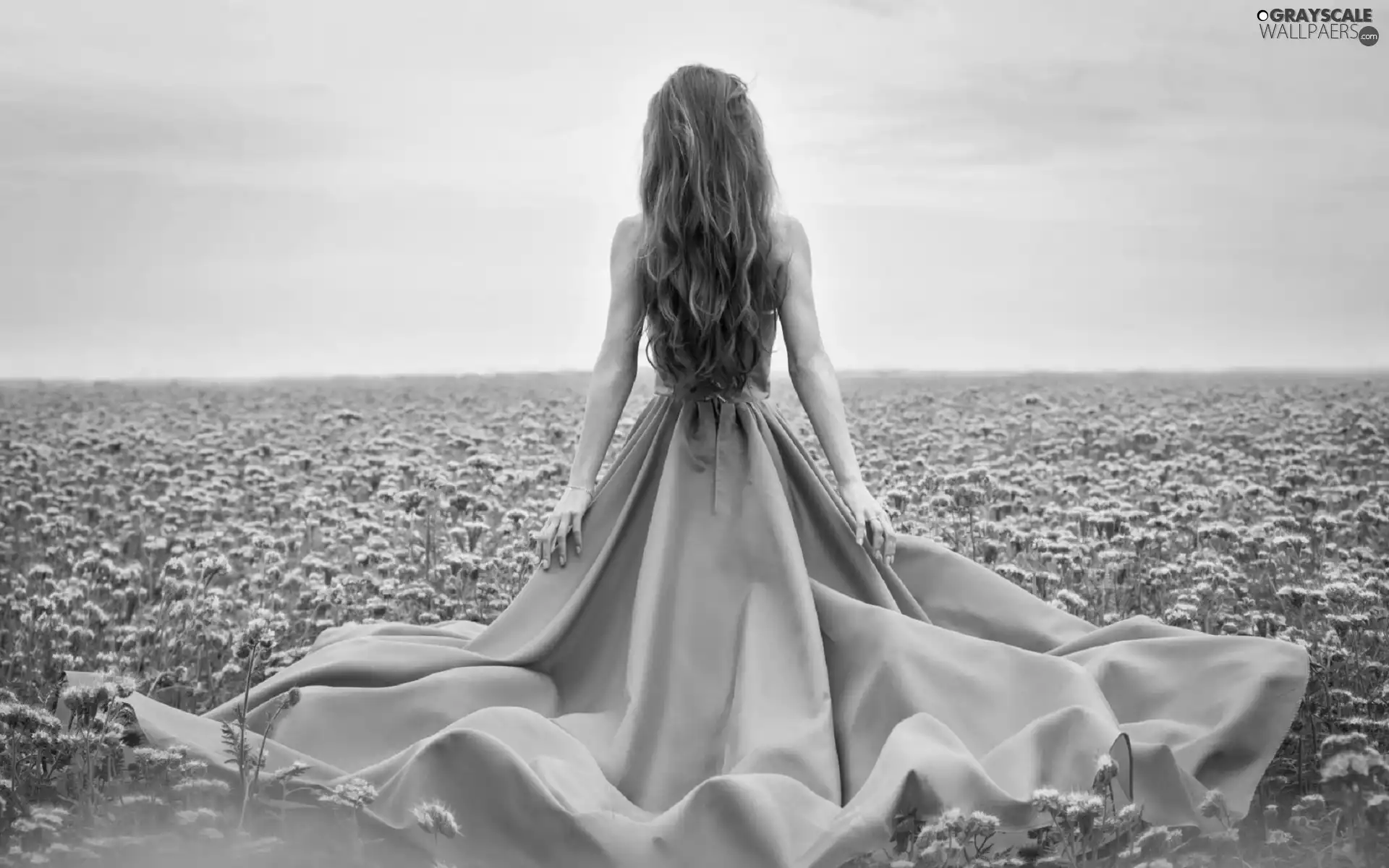 Meadow, Flowers, Blue, dress, Women