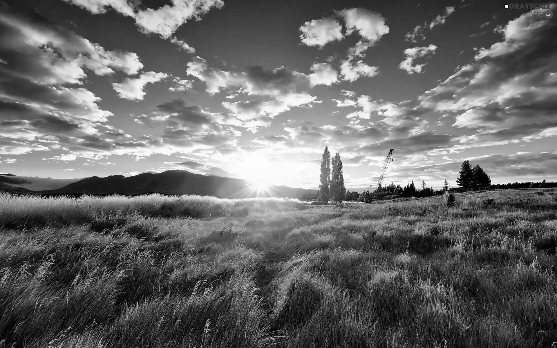 Field, clouds, rays, The Hills, dark, Meadow, sunny