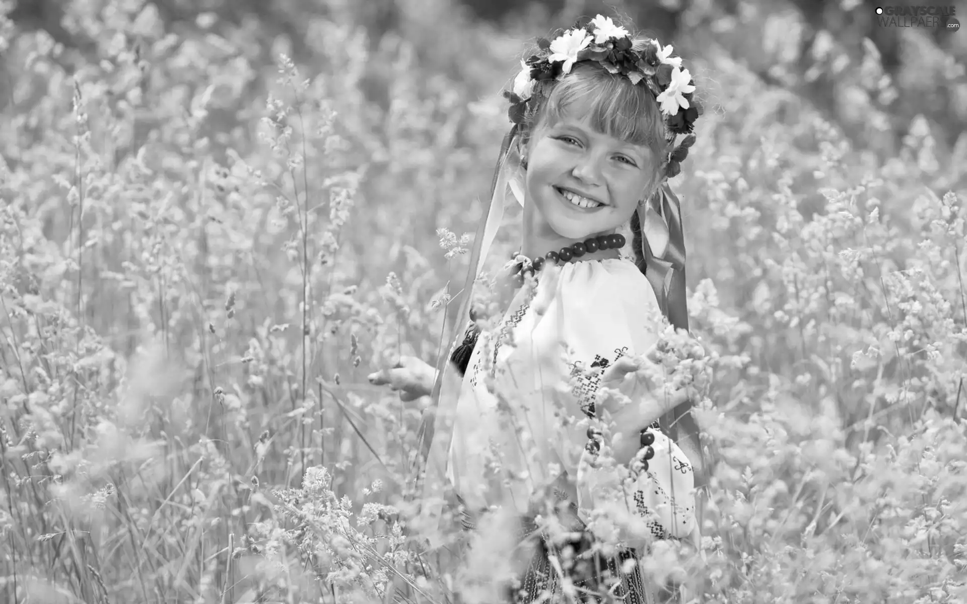 laughing, wreath, Meadow, girl