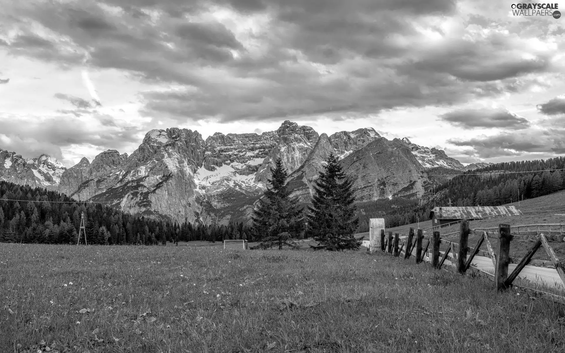 Mountains, clouds, Meadow, woods