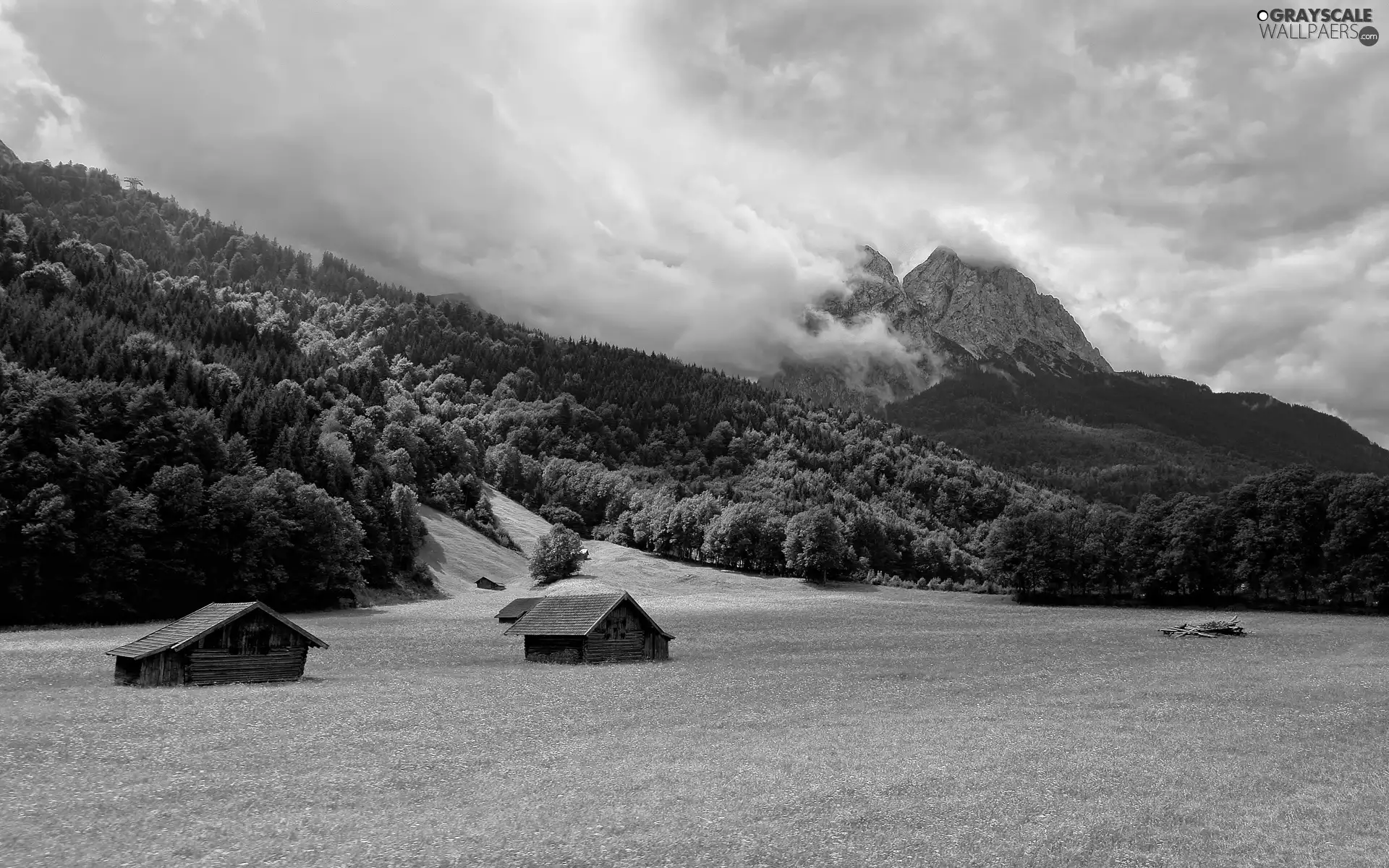 Meadow, Sheds, woods, clouds, Mountains