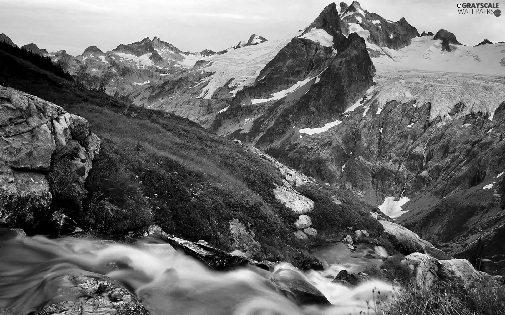 Mountains, Meadow, stream, canyon