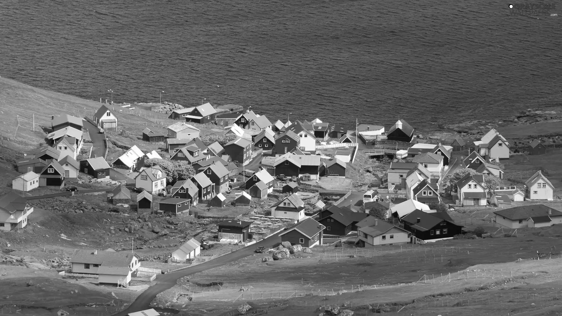 Houses, Coast, medows, Norway, roads, Town