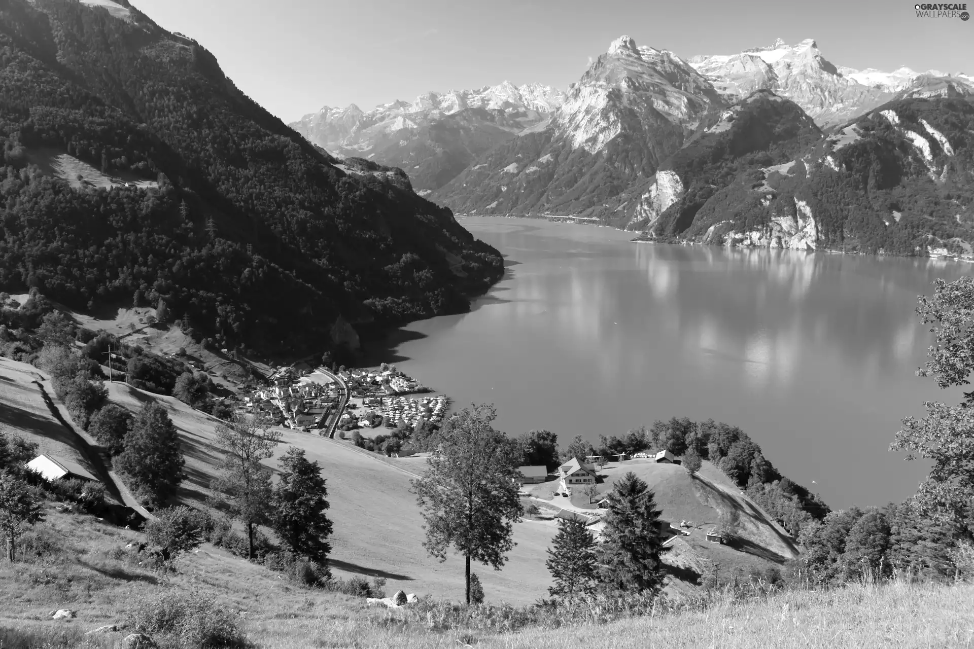 River, colony, medows, Mountains