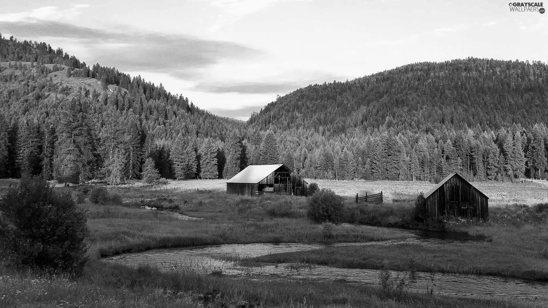 medows, Sheds, Mountains, woods, brook