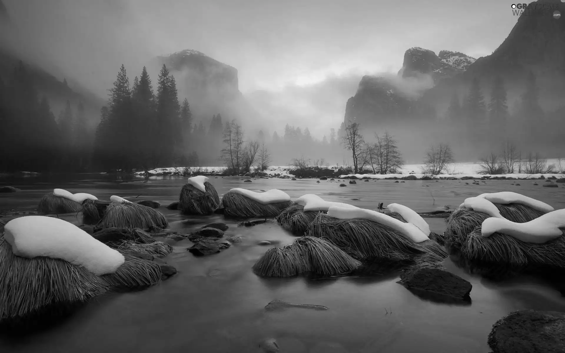 Mountains, River, Merced, California, Fog, Stones