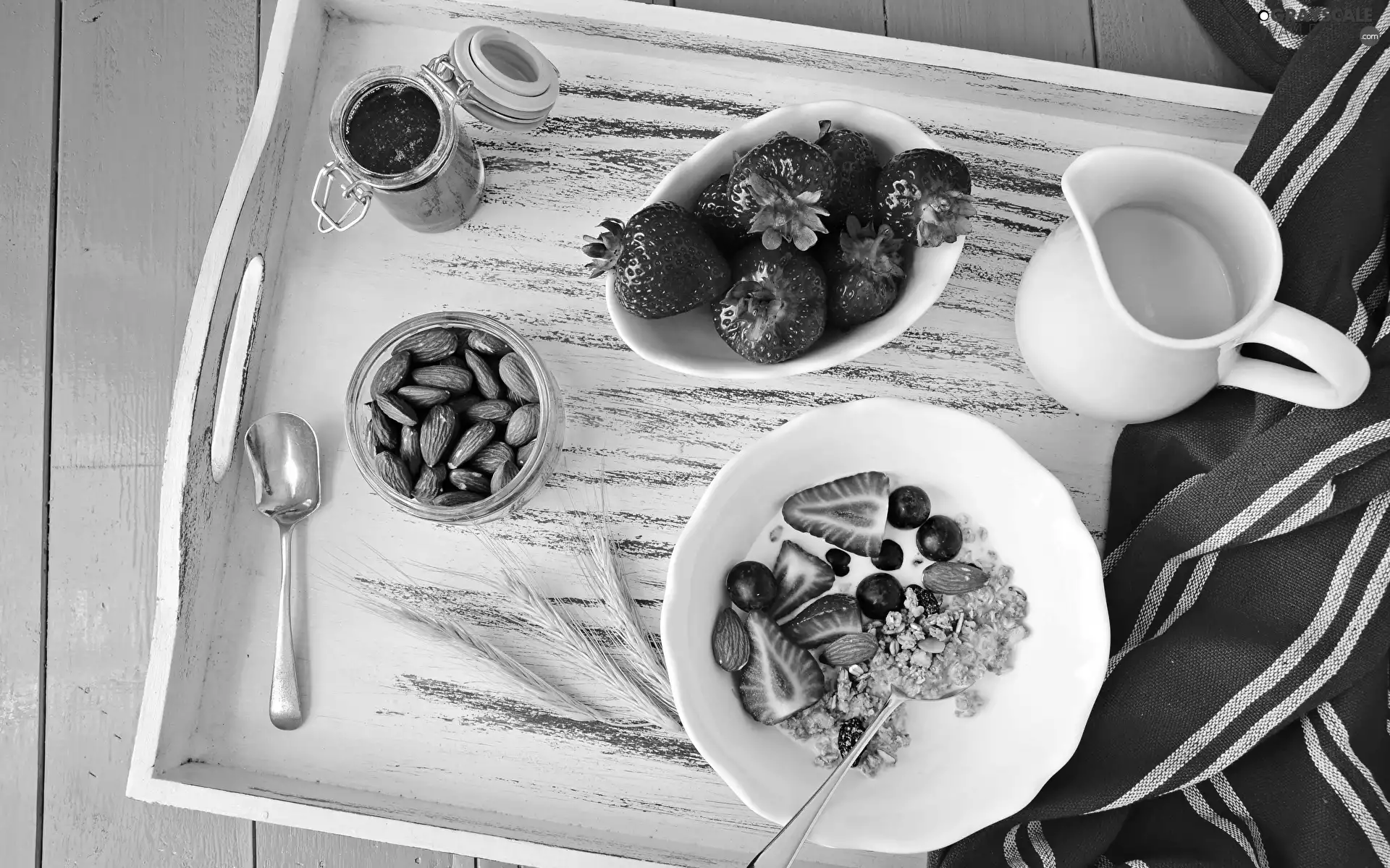 Spoons, jug, Tray, honey, almonds, jar, Bowls, breakfast, boarding, milk, strawberries, Muesli