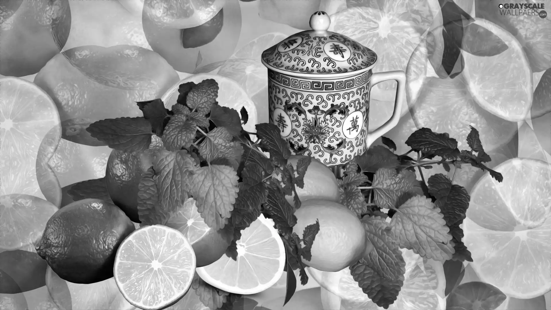Cup, limes, Espresso, mint, lemons, Lid, graphics
