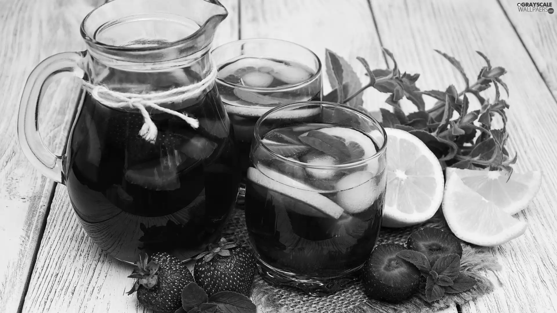 mint, jug, Glass, ice, Lemon, drink, Two, napkin, knuckle, strawberries