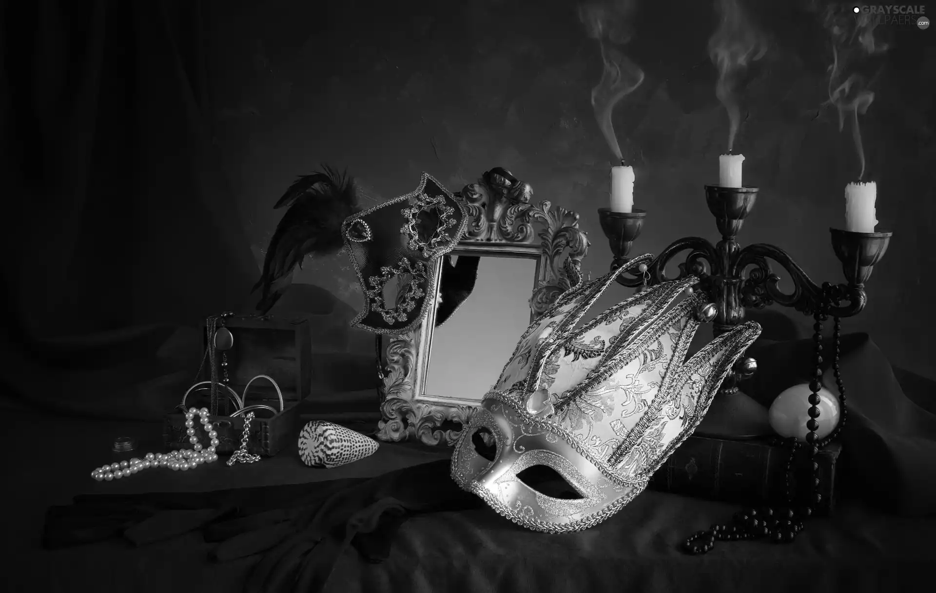 mirror, jewellery, mask, Candles, composition