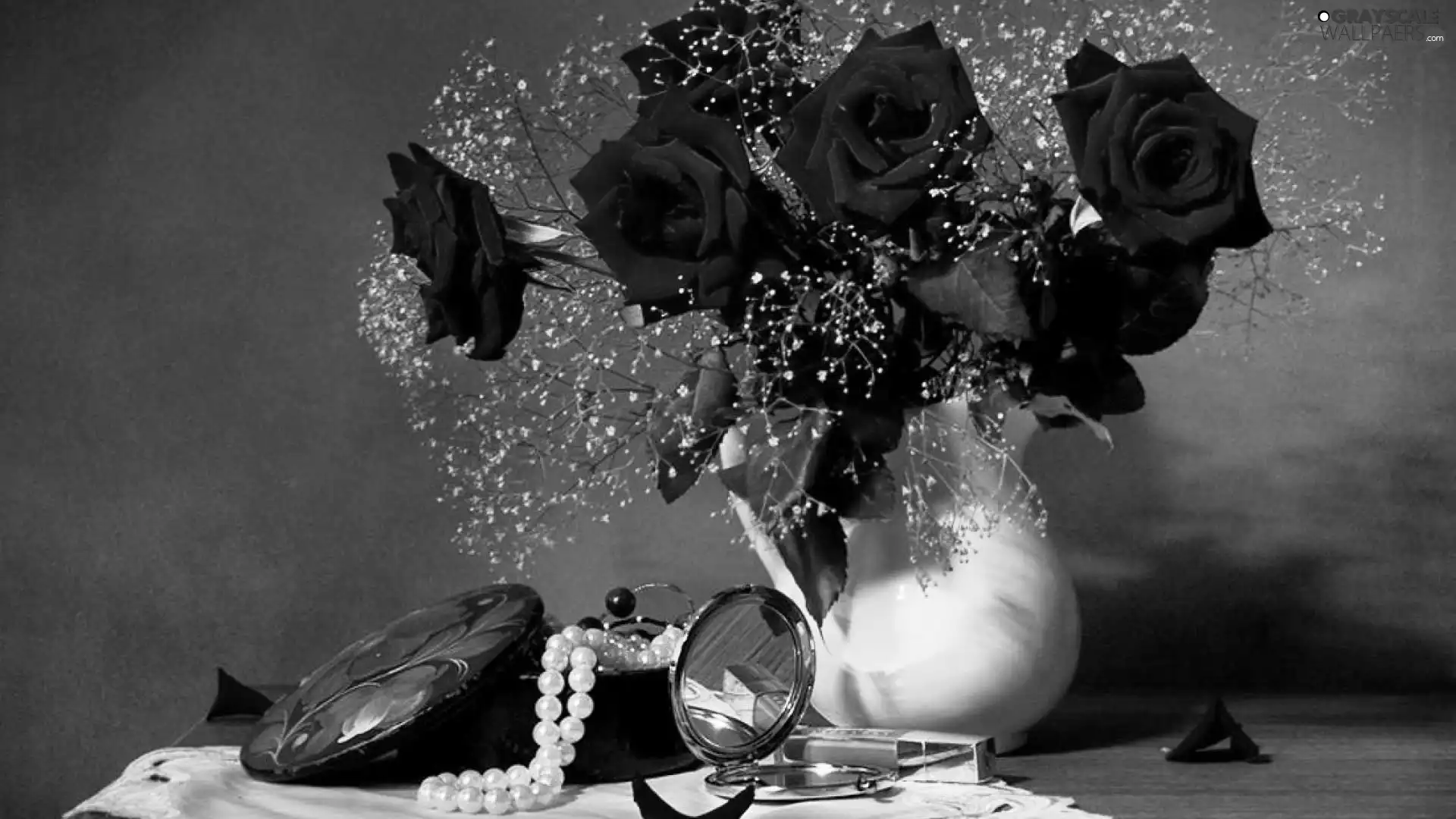 roses, chaplet, mirror, bowl